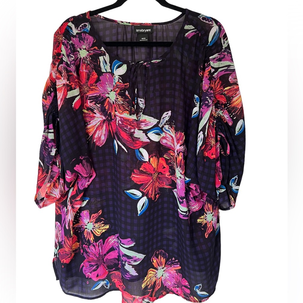 Lane Bryant Size 18-20W Sheer Colorful Floral Wrap Blouse Shirt Black V Neck Tie